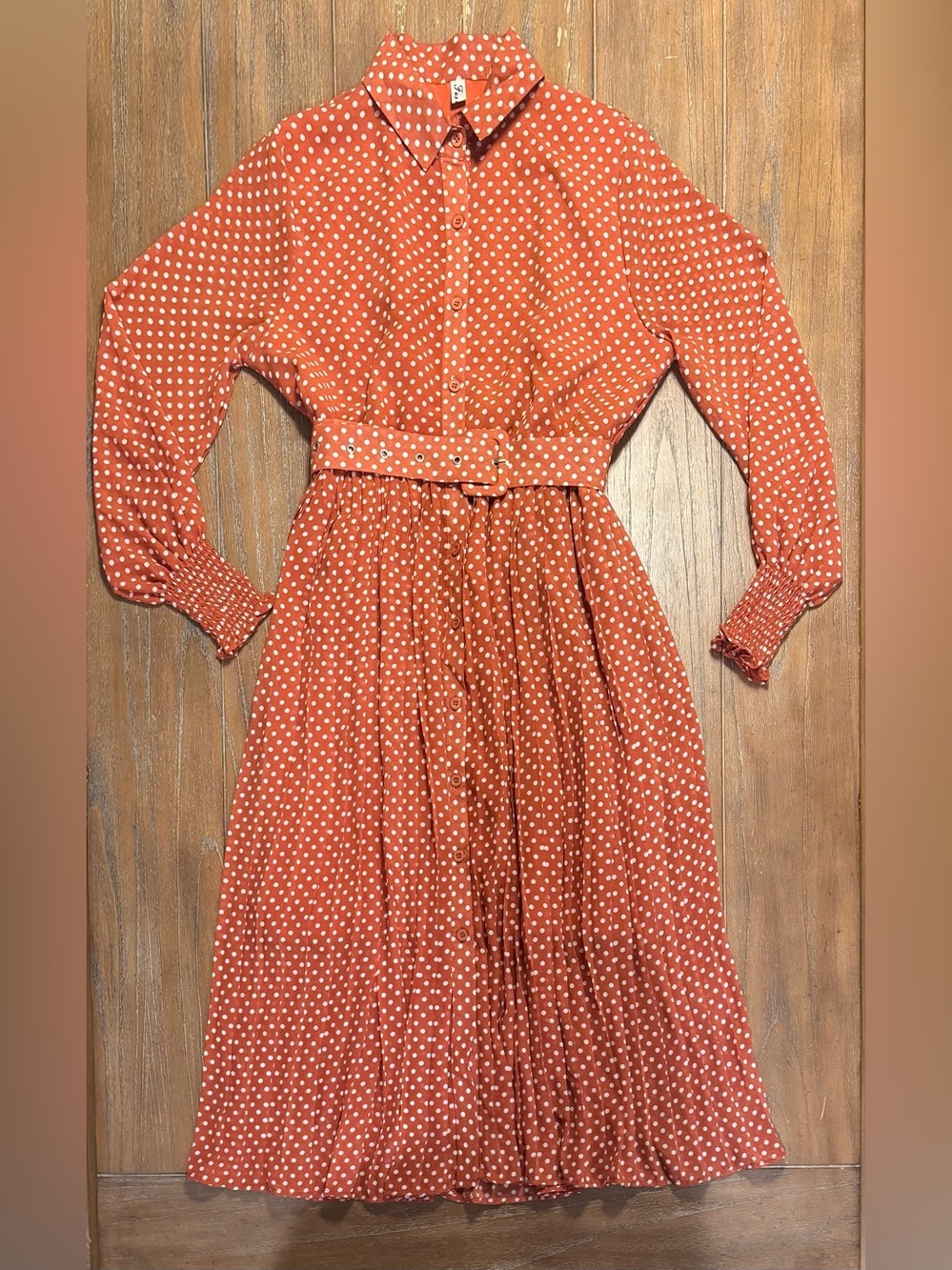 Polka Dot Long-Sleeve Shirt Dress with Belt - Rust